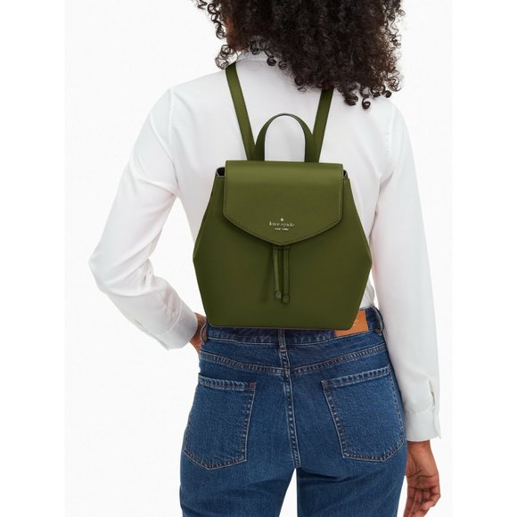 New Kate Spade Lizzie Saffiano Leather Medium Flap Backpack Enchanted Green - Picture 2 of 5
